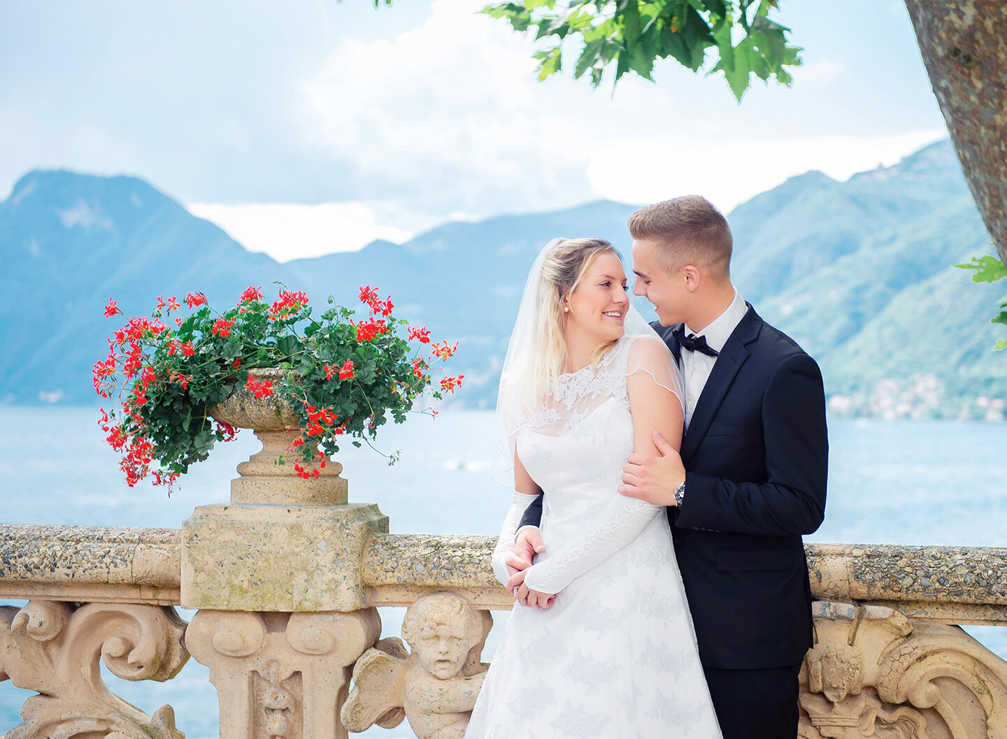 Bride and groom on the villa's terrace